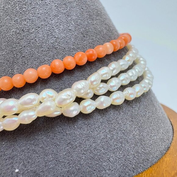 Vintage 14KY Gold Natural Coral & Biwa Pearl Multi Strand Bracelet 8" Length - Picture 3 of 8